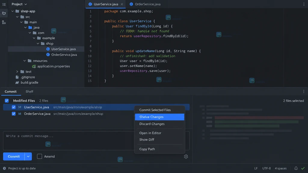 JetBrains IDE Commit 工具窗口中选中文件并打开 Shelve Changes 的原创界面说明图