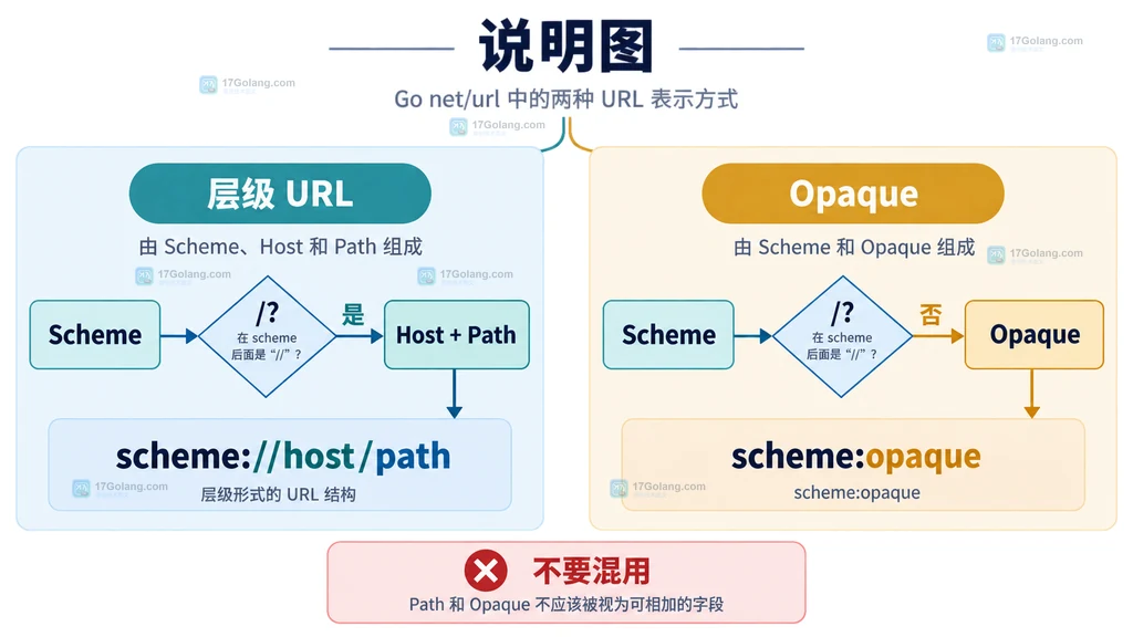 Go net/url URL 结构中 Path 层级路径与 Opaque 不透明数据的分支关系说明图