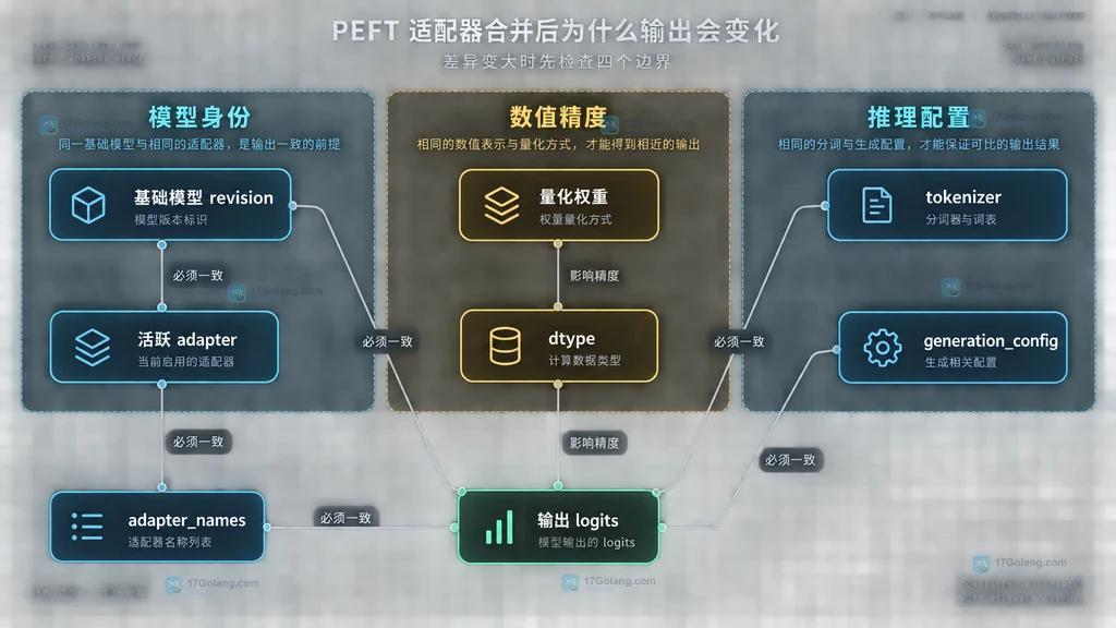 PEFT 合并输出差异中的模型身份、数值精度和推理配置边界结构说明图