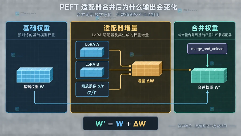 PEFT LoRA 基础权重、适配器增量和合并权重关系结构说明图