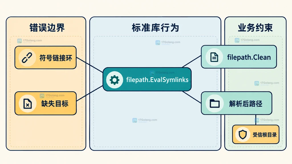 Go EvalSymlinks 解析结果、错误和受信根目录边界结构说明图