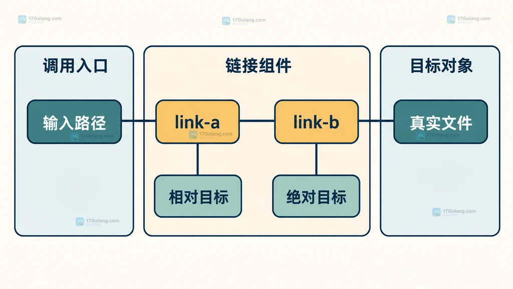 Go EvalSymlinks 多层符号链接与目标文件结构说明图