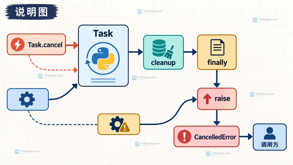 Python asyncio Task.cancel 经过 cleanup 和 finally 后重新 raise CancelledError 到调用方的异常传播说明图