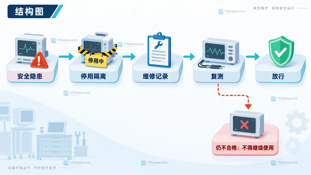 医疗机构设备唯一标识、说明书依据、周期任务与合格判定的维护计划结构说明图