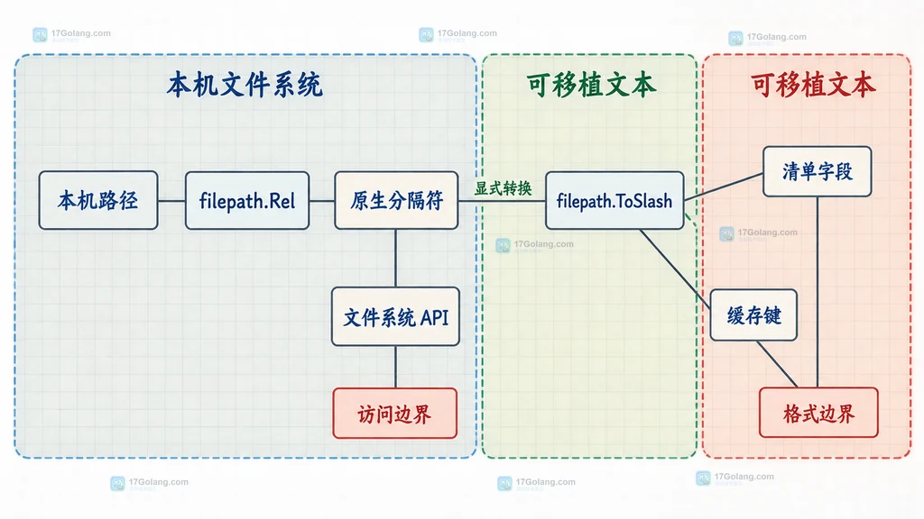本机文件系统路径、filepath.Rel、ToSlash 与可移植文本字段的静态分层关系