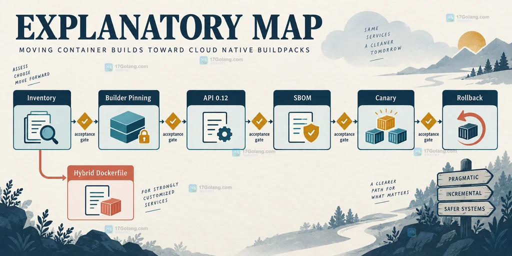 Cloud Native Buildpacks 从 Dockerfile 盘点到 builder 灰度切换的迁移闸门说明图