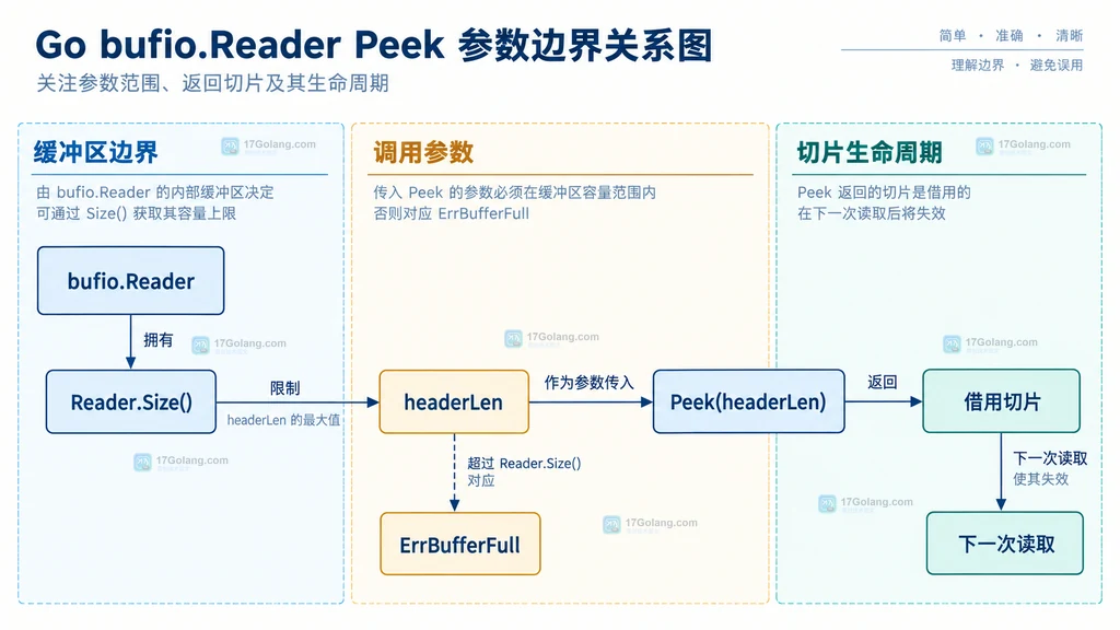 Go bufio.Reader Peek 参数、缓冲区与借用切片生命周期关系图