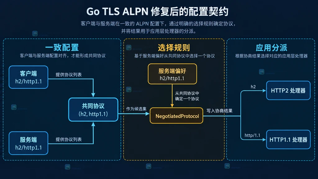 Go TLS ALPN 一致配置、服务端偏好与上层处理器的静态关系图