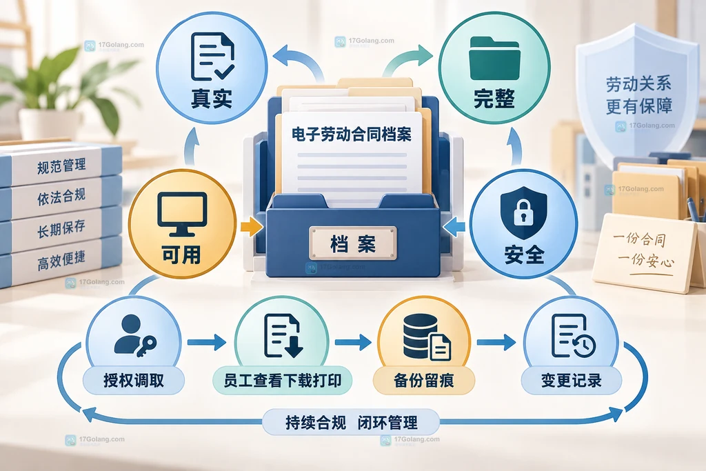 电子劳动合同归档围绕真实性、完整性、可用性、安全性检查并连接授权调取和备份留痕的闭环说明图