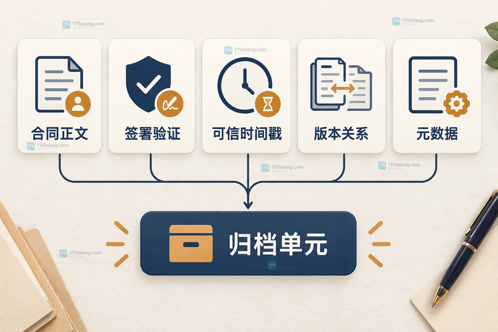 小微企业电子劳动合同归档单元中合同正文、签署验证、可信时间戳、版本关系和元数据的结构说明图