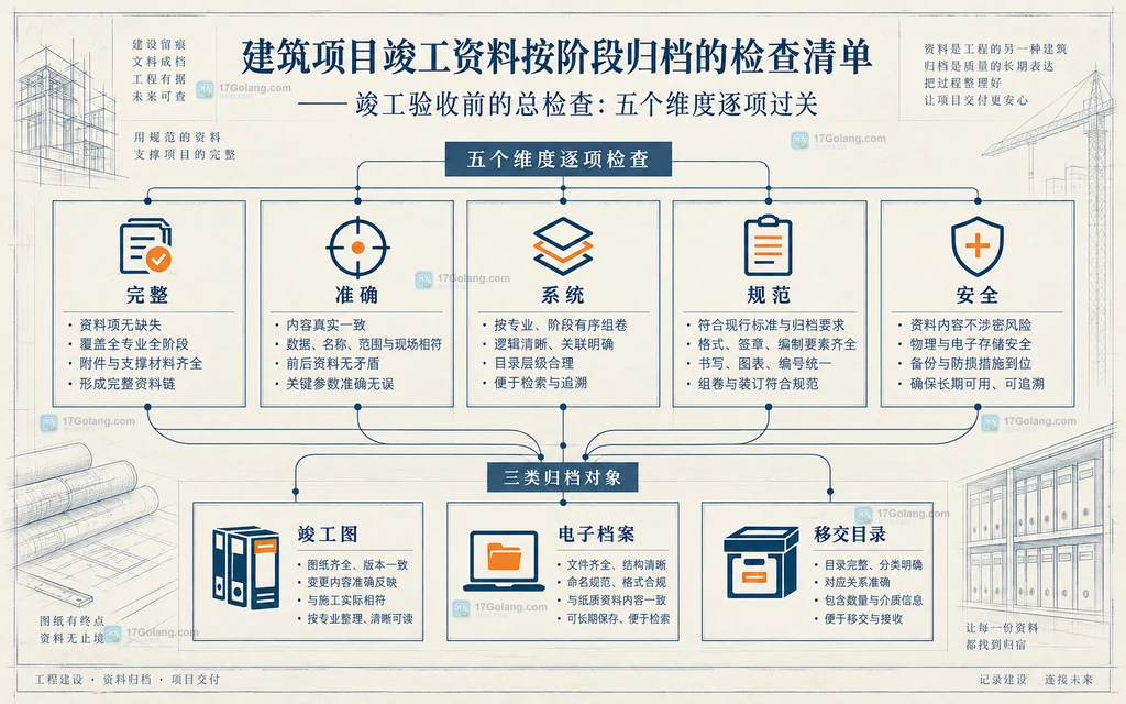 建筑竣工资料完整、准确、系统、规范和安全五项检查维度图