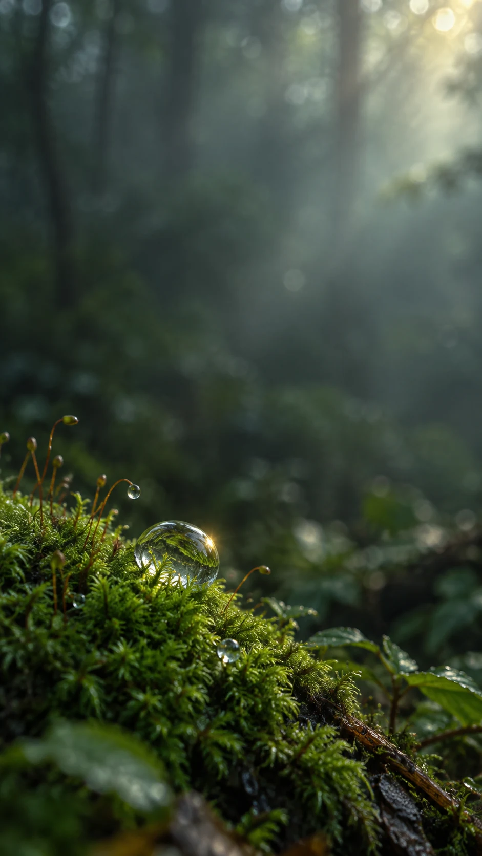 苔藓微距露珠手机主屏壁纸变体说明图,苔藓主体位于下三分之一,上方为深绿留白