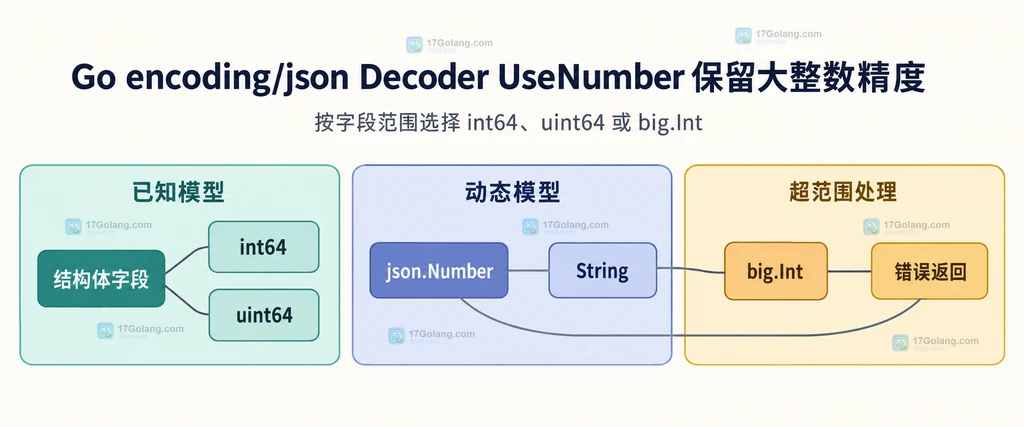 结构体整数、json.Number 字符串和 big.Int 的静态类型边界说明图