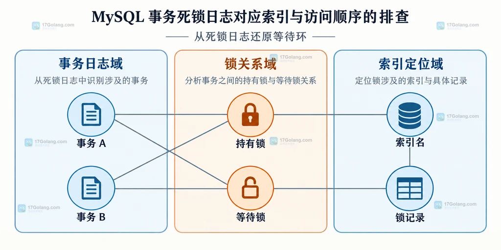 MySQL 死锁日志中的事务、持有锁、等待锁、索引名和锁记录对应关系图