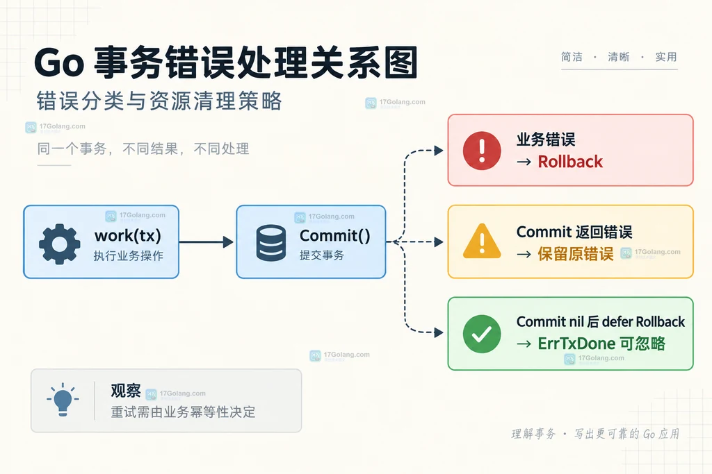 Go sql.Tx 事务成功、业务失败和提交失败三条错误处理路径关系说明图