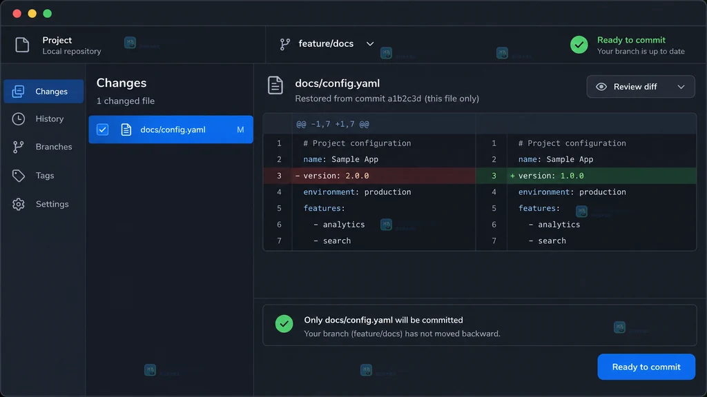 GitHub Desktop Changes 面板中单个文件恢复后显示差异与待提交状态的原创说明图