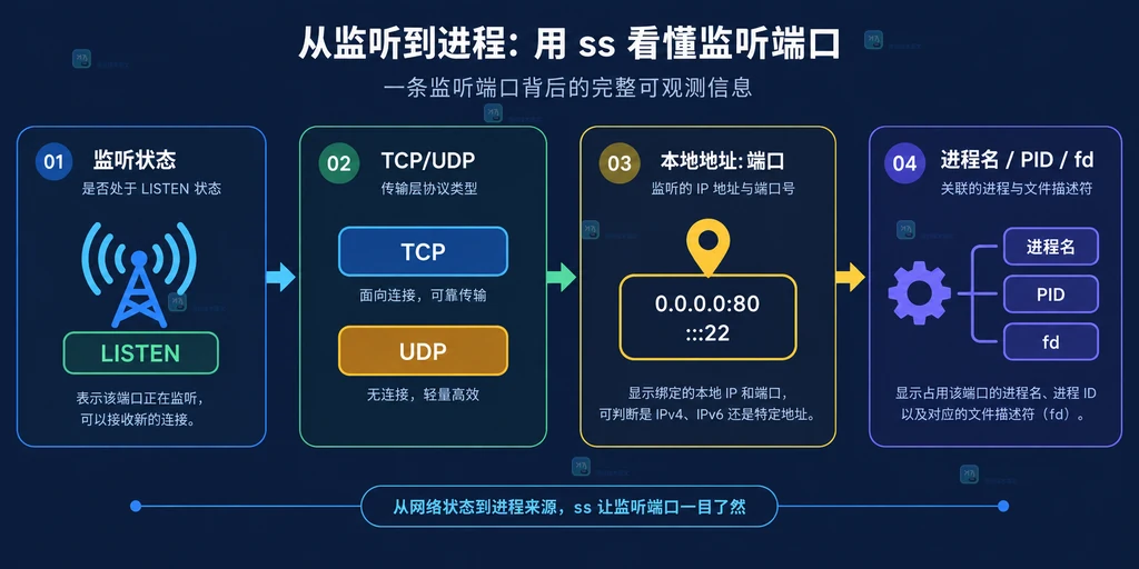 ss 展示监听协议地址端口和进程信息的原创结构图