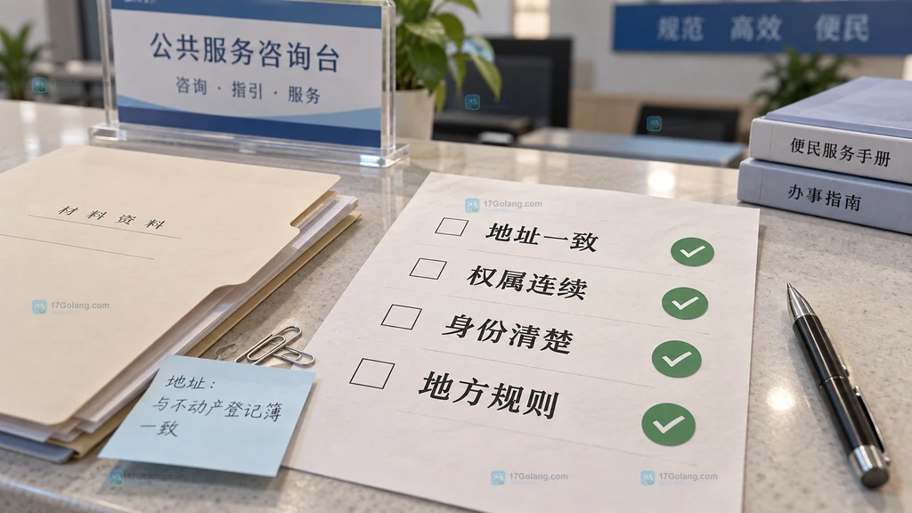 个体工商户经营地址变更提交前核对清单，展示地址一致、权属连续、身份清楚和地方规则