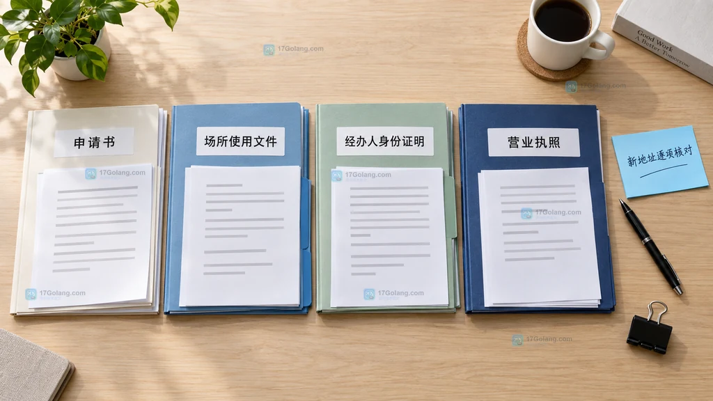 个体工商户经营地址变更四组材料准备说明图，包含申请书、场所使用文件、经办人身份证明和营业执照