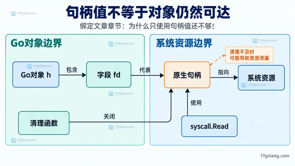 Go 对象、字段 fd、原生句柄、系统资源与清理函数之间的静态依赖结构图
