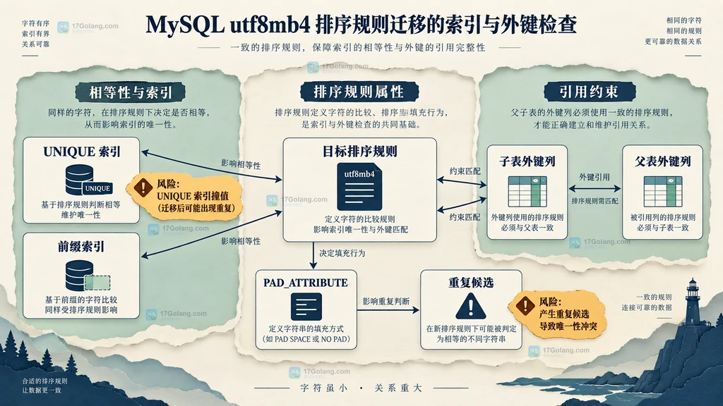 MySQL utf8mb4 排序规则迁移索引与外键关系示意图