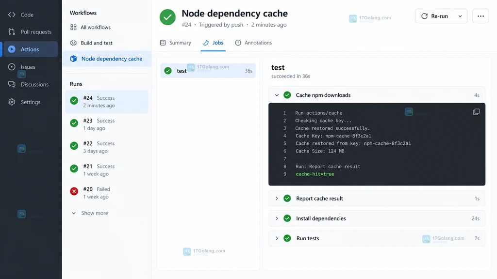 GitHub Actions 缓存步骤与结果核对界面操作示意图