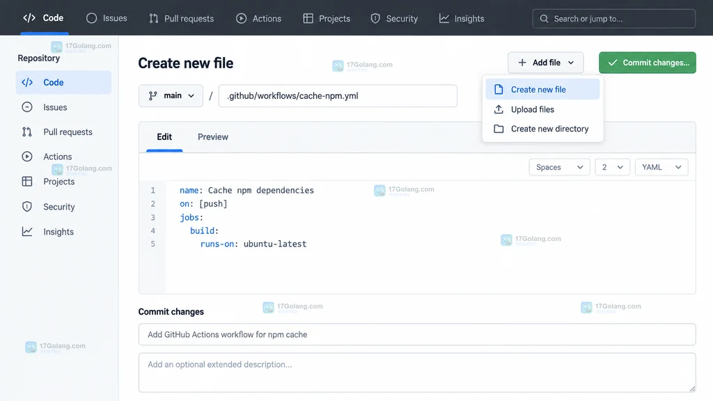 GitHub Actions 工作流文件创建界面操作示意图