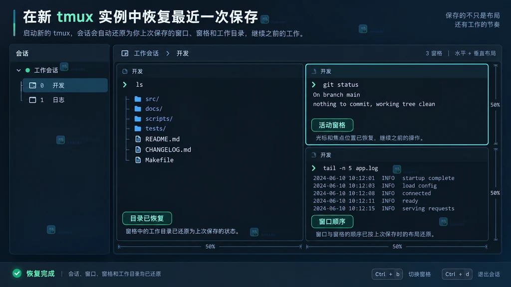 原创 tmux 恢复结果界面说明图,展示会话树、窗口名称、三窗格布局和恢复完成状态