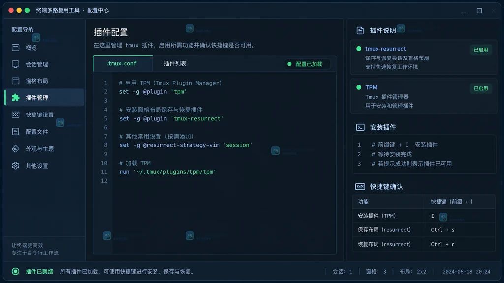 原创 tmux 工作区界面说明图,展示配置区域、TPM 插件项与安装完成状态