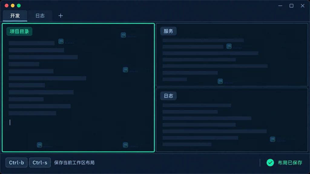 原创 tmux 多窗格界面说明图,展示三窗格布局、活动窗格、保存提示与本地存档状态