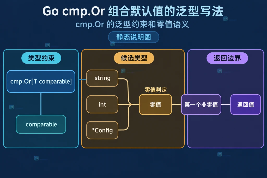 Go cmp.Or 泛型 comparable 约束、字符串整数指针候选值与零值返回边界的静态说明图