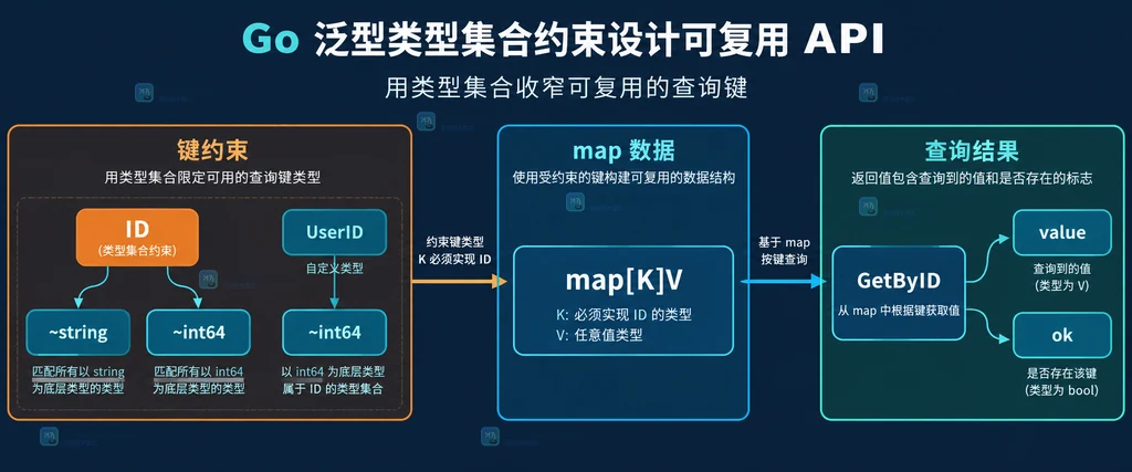 Go 泛型可复用 API 的约束边界说明图，展示查询键、值类型、map 和返回结果之间的静态关系
