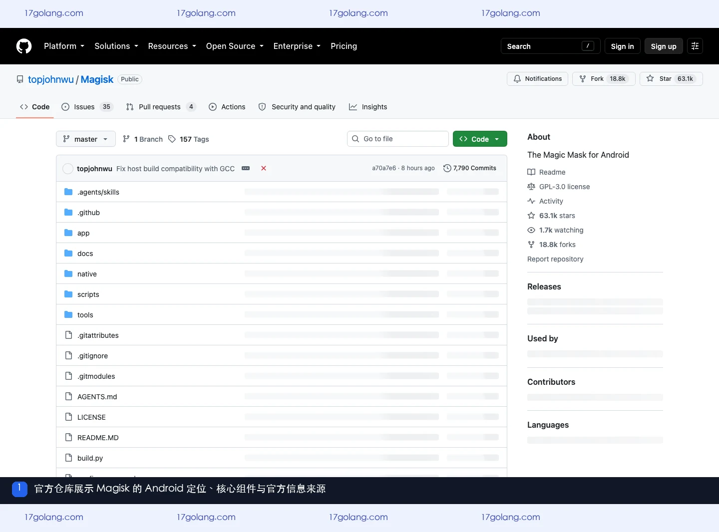 magisk 官方 GitHub 仓库展示 Android 定位、核心组件与官方信息来源