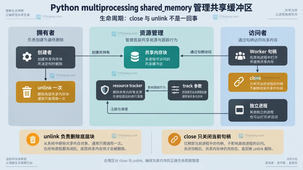 创建者、工作进程句柄、close、unlink、resource tracker 与 track 参数之间的静态关系