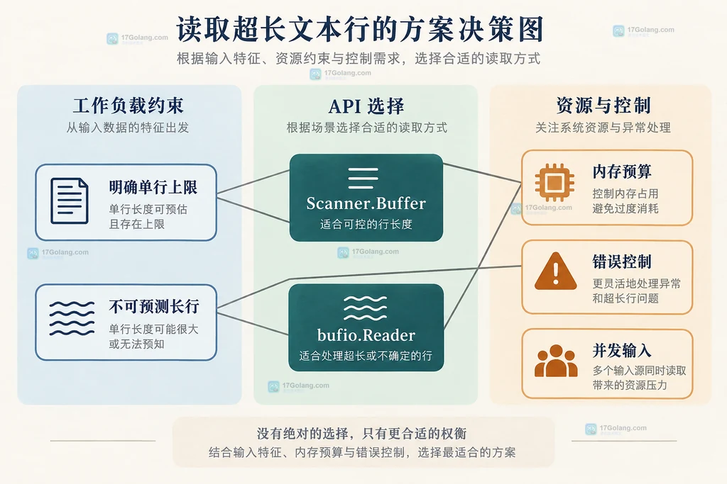 明确单行上限、不可预测长行、Scanner Buffer、bufio Reader、内存预算和错误控制之间的静态选型关系图