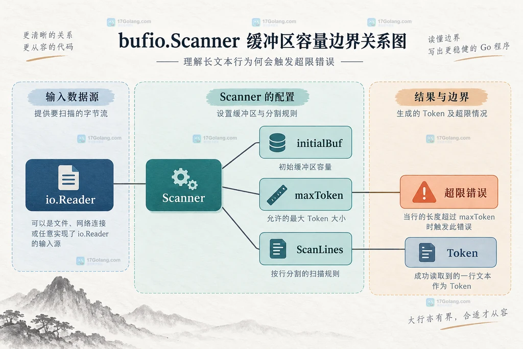 Go bufio Scanner 与初始缓冲区、最大 token、ScanLines、返回 token 和超限错误之间的静态关系图