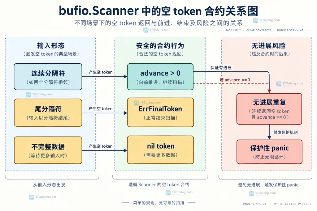 连续分隔符、尾分隔符、advance 大于零、nil token、ErrFinalToken 与无进展 panic 之间的静态关系图