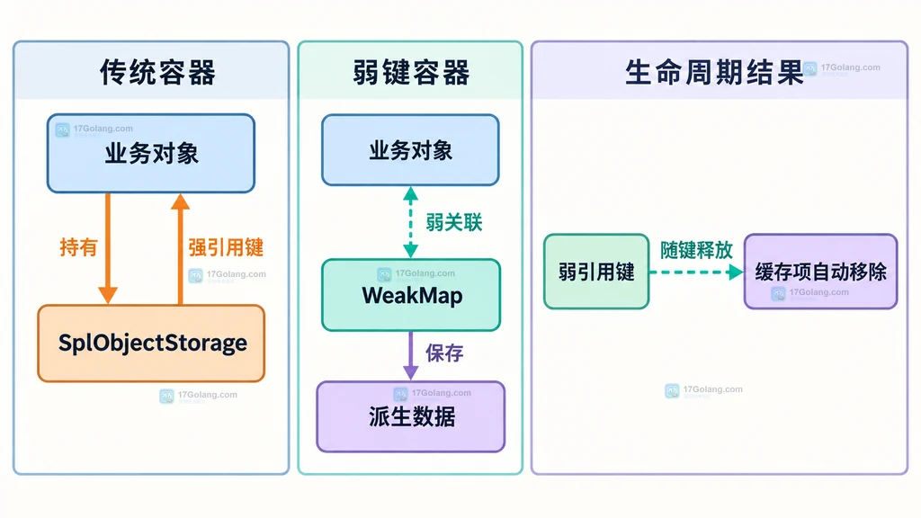普通对象缓存与 WeakMap 在对象所有权上的静态关系对比