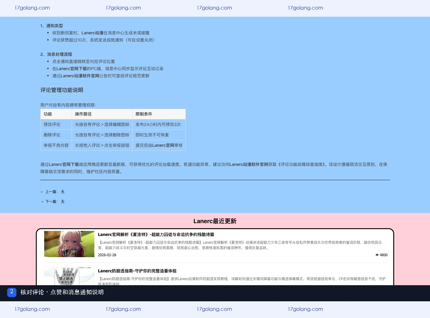 Lanerc动漫公开说明页展示评论、点赞、消息通知与内容管理关系