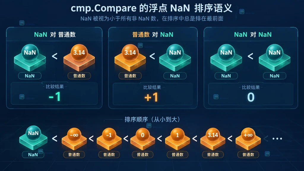 cmp.Compare 对 NaN 与普通数返回负一零正一的静态排序结构图