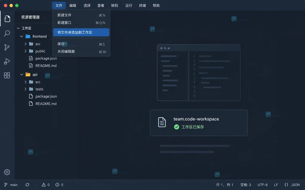 VS Code 多根工作区中显示 frontend 和 api 两个根目录以及添加文件夹入口的原创界面说明图