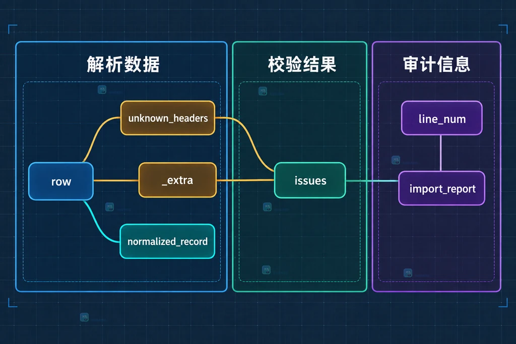 CSV 行、未知表头、多余值、规范记录、问题列表与导入报告的静态关系