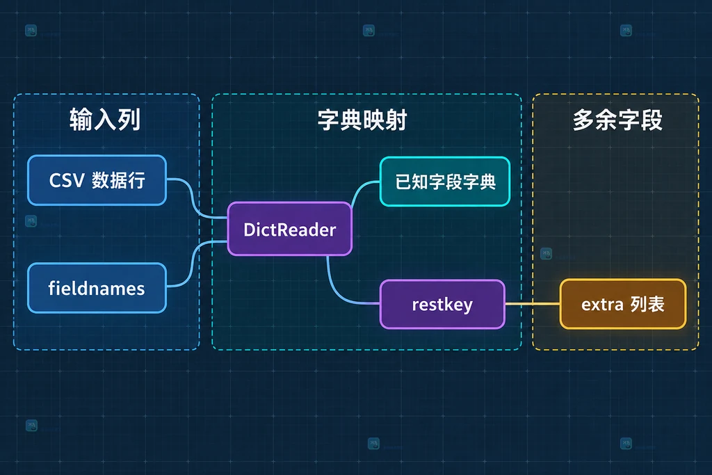 CSV 数据行通过 fieldnames 和 restkey 映射成普通字典字段与多余值列表