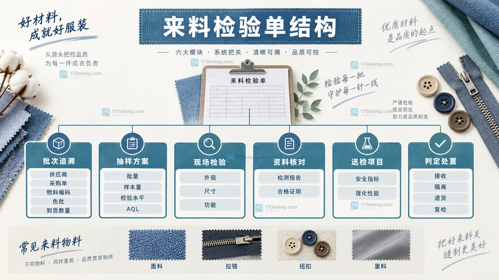 服装代工厂来料检验单的批次追溯、抽样、现场检验、资料、送检与处置六区结构说明图