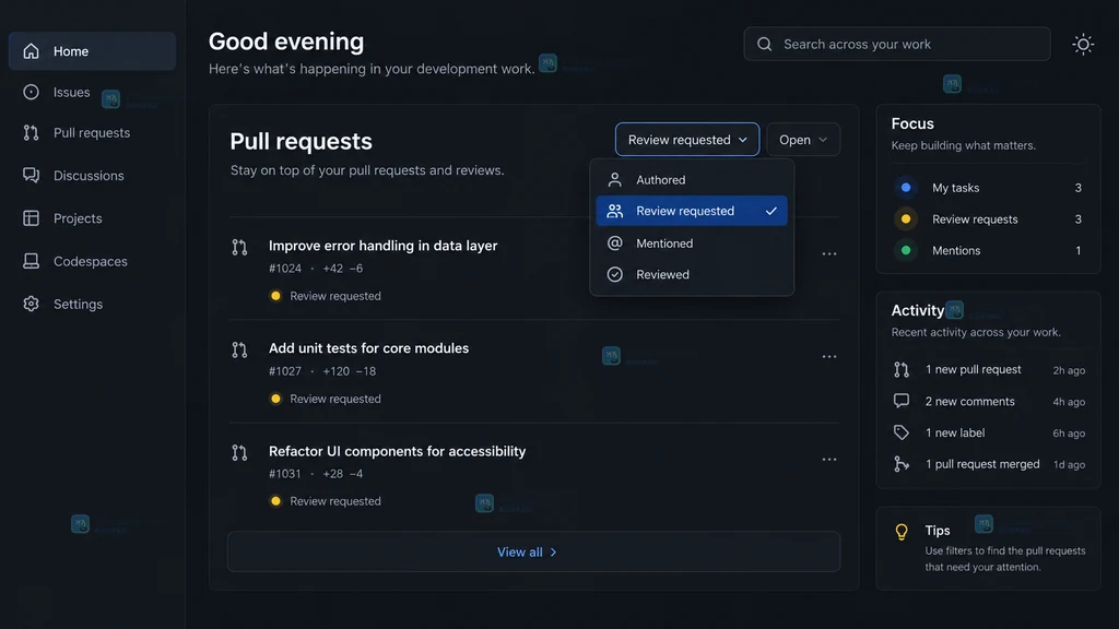 原创开发者工作台中 Pull requests 按评审参与方式筛选后的结果