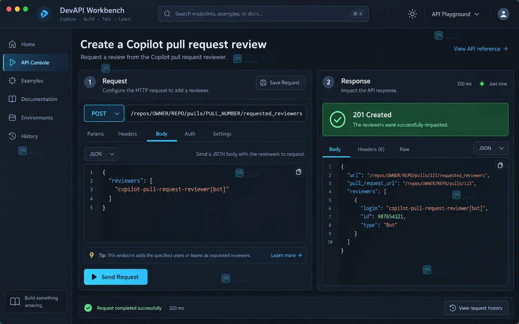 GitHub Copilot Code Review API POST 请求体与 201 Created 状态的原创界面说明图
