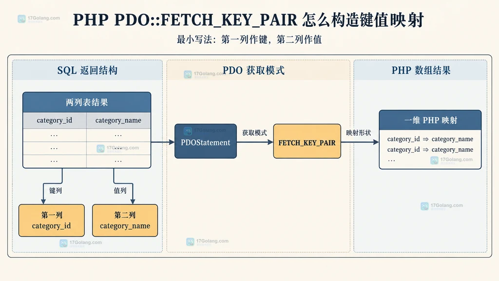PDO FETCH_KEY_PAIR 唯一键映射与 FETCH_GROUP 一对多分组边界的结构说明图