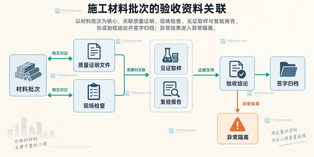 材料批次与质量证明文件检验复验和签字归档关系图