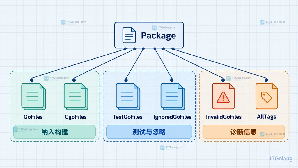 Package 连接 GoFiles、CgoFiles、TestGoFiles、IgnoredGoFiles、InvalidGoFiles 和 AllTags 的字段分组图