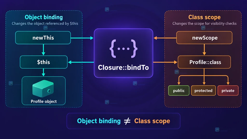 PHP Closure bindTo 的 newThis 对象绑定与 newScope 类作用域双轴静态结构图